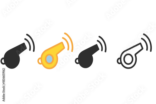 Whistles with Radiating Sound Waves. Echoing sound waves radiating from small whistle first in line style with thin outline,