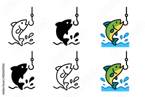 Fish Jumping Styles. Fish jumping from water with hook and splash first in line style with thin outline, second in solid style