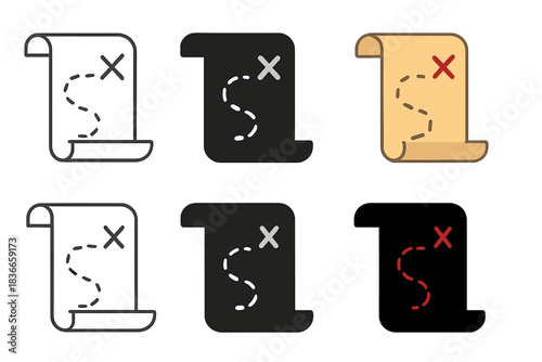 Varied Map Markings. Scroll map unfurled with bold red X in corner first in line style with thin outline, second in solid style