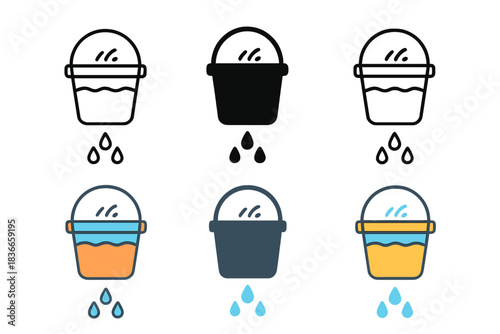 Bucket Style Variations. Bucket Water Rinse first in line style with thin outline, second in solid style filled shape, third in