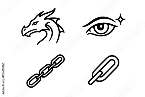 Drake Chainline Icons. Line style vector icons of drake stare chainline: sleek dragon silhouette, piercing eye cue, linear chain