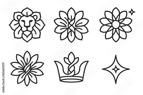 Royal Petal Helix. Line style vector icons of royal petal helix: lion form, mane lift, petal helix array, flower core mark,