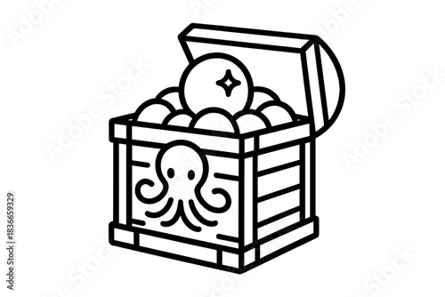 Octopus Treasure Icons. Line style vector icons of watery bounty bead: octopus contour, arm arcs, bounty crate form, lid tilt mark