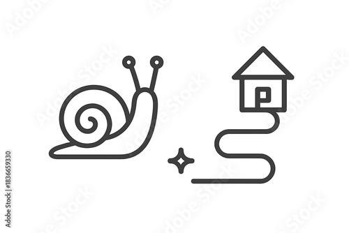 Snail Path Icons. Line style vector icons of crawl home route: smooth snail contour, lifted antennae, minimal home body, sharp