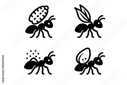 Tiny Insect Icons. Icons for: a minuscule insect hauling tiny kernels, a little crawler transporting small husks, a petite mover