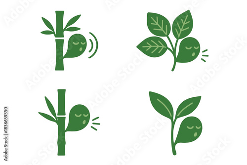 Whispering Bamboo Icons. Icons for: a bamboo rustle carrying quiet words, a leafy cluster whispering soft cues, a tall stalk