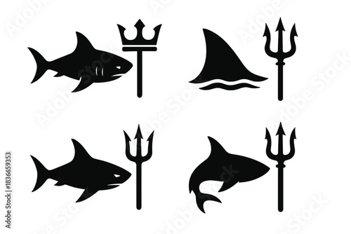 Sea Predator and Trident. Icons for: a sea predator’s outline near a regal implement, a dark fin form approaching a ceremonial