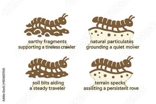 Tireless Earthy Traveler. Icons for: earthy fragments supporting a tireless crawler, natural particulates grounding a quiet mover,