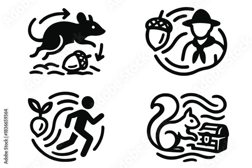 Nature's Harmonious Dance. Icons for: motion uniting creature, nut, and ground, woodland rhythm linking acorn and scout, gentle