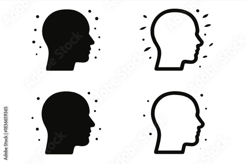 Bold Iconic Profiles. Icons for: a massive profile aligning with soft scatter, a bold outline paired with drifting debris, a thick