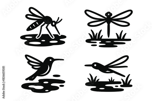 Mosquito in Wetlands. Icons for: a mosquito poised above muddied pools, a narrow-bodied flyer over murky wetlands, a tiny hummer