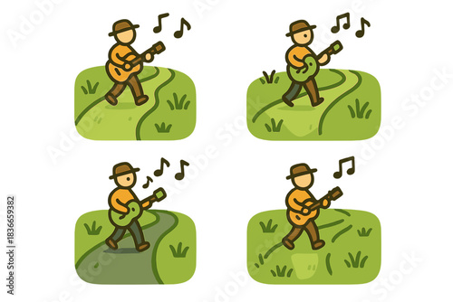 Musician's Pathway Icons. Icons for: a field path leading a tiny musician, a grass route guiding a chirping traveler, a green lane