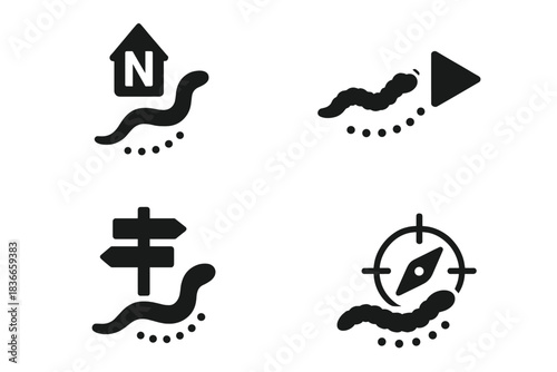 Navigational Icons. Icons for: a curved body moving toward a marked north, a wriggling form nearing a clear pointer, a soft