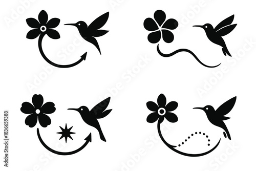 Nature's Guiding Icons. Icons for: a bloom’s curve guiding a hovering visitor, soft petals steering a nimble feeder, a bright
