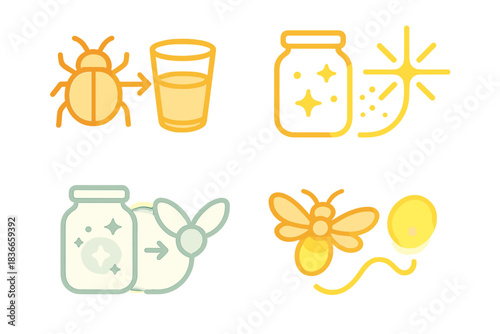 Ethereal Glowing Insects. Icons for: movement linking bug, glass, and spark, gentle drift uniting shimmer and jar, soft glow