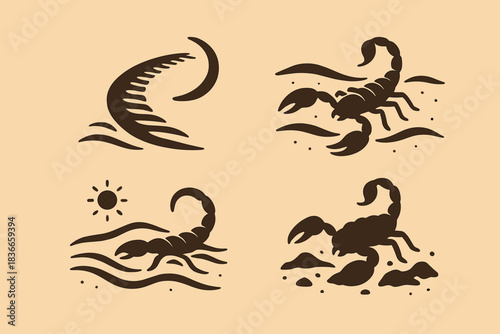 Scorpion in Desert. Icons for: a scorpion’s arc cutting across fine sand, a jointed body gliding over warm grains, a clawed figure