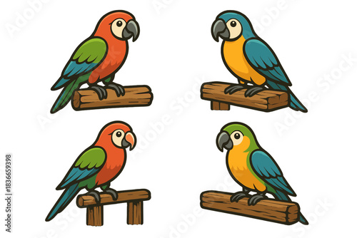 Parrot Balancing Act. Icons for: a parrot balancing on aged wood, a bold flier resting on rough planks, a colorful creature steady