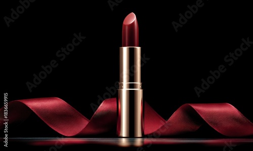 A red lipstick is on a table next to a red ribbon
