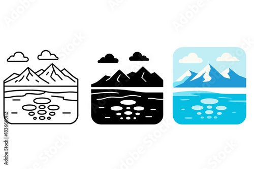Diverse Arctic Styles. Arctic landscape showing frozen lake with visible trapped gas spheres beneath, first in line style with