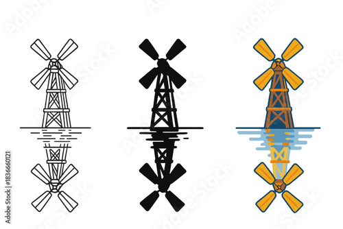 Wind Pump Reflections. Old wooden wind pump with turning blades reflecting on calm water, first in line style with thin outline,