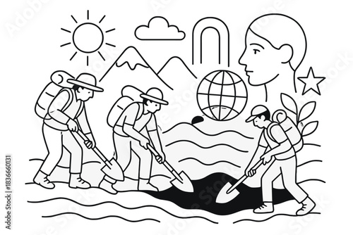 Surreal Explorer's Quest. Group of explorers digging into surreal landscape filled with symbolic forms, first in line style with