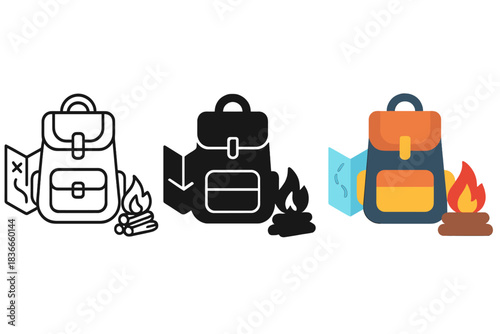 Camping Essentials Trio. A backpack, a map, a small firewood pile, first in line style with thin outline, second in solid style