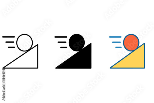 Rolling Ball Dynamics. Rolling ball, inclined plane, speed trails, first in line style with thin outline, second in solid style