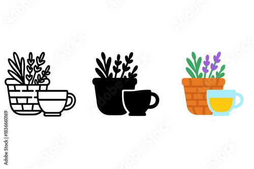 Artistic Tea Setup. Willow basket, aromatic herbs, glass teacup, first in line style with thin outline, second in solid style