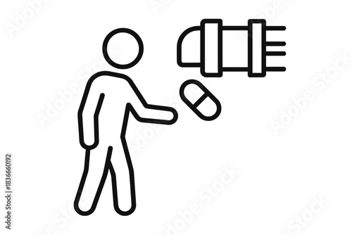 Pneumatic Tube Exchange. Line style icon of a citizen receiving a capsule from a pneumatic tube slot, minimalist design,