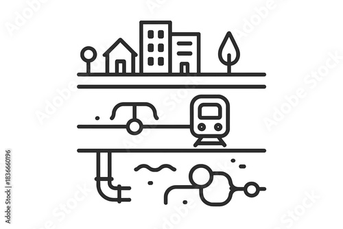 Minimalist Urban Cross-Section. Line style icon of a cross-section of city streets with layers of subways and utilities,