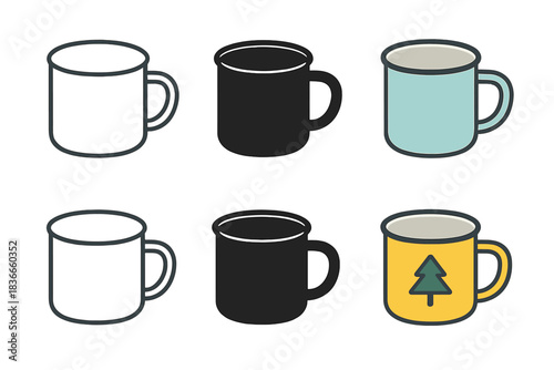 Stylized Enamel Camping Mug. Side angled view of enamel camping mug with handle and simple design, simple minimal vector icon,