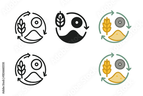 Milling Cycle Emblem. Abstract emblem of milling cycle—grain, stone, flour—arranged in continuous circular flow, clean symbolic