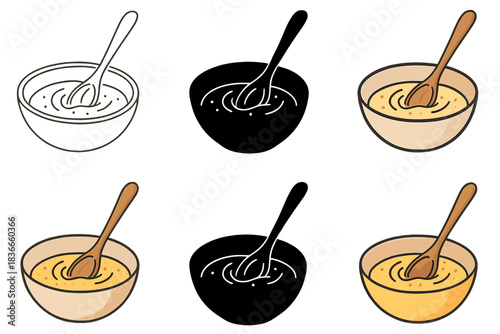Sourdough Stirring Styles. Wooden spoon stirring active sourdough culture in a bowl, soft curved lines representing motion and