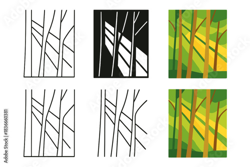 Beech Forest Abstraction. Sunlight filtering through slender beech tree trunks in a forest, abstract minimal vector design, first