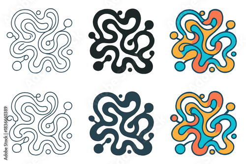 Biochemical Energy Patterns. Stylized glycolysis map reduced to clean flowing arrows and molecule nodes, balanced scientific