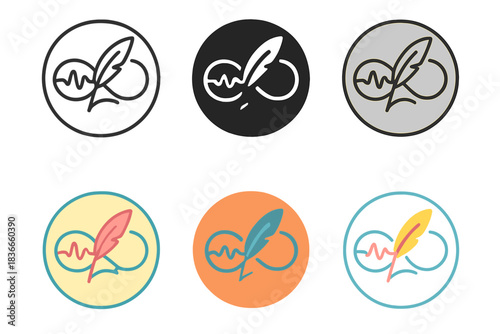 Introspective Diary Emblem. Circular diary emblem containing waveform and quill icons interlaced, symbol of introspection across