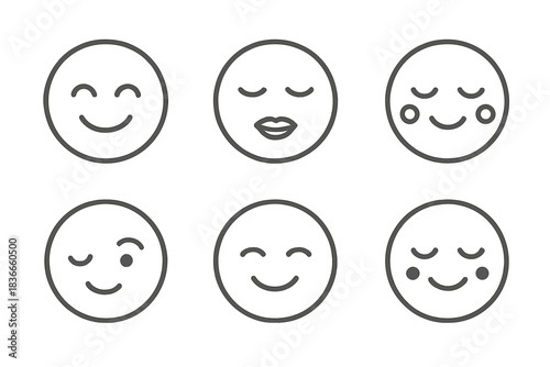 Gentle Expression Icons. Line style icons of Gentle Expressions: smiling face, closed eyes, soft lips, blushing cheeks, tilted