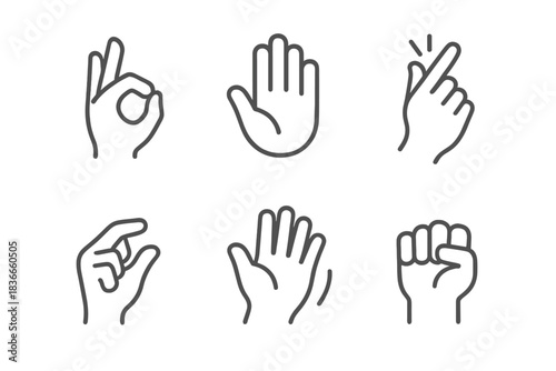 Line Style Gestures. Line style icons of Everyday Signals: ok sign, stop palm, finger snap, pinch, wave, fist. No text, No labels,