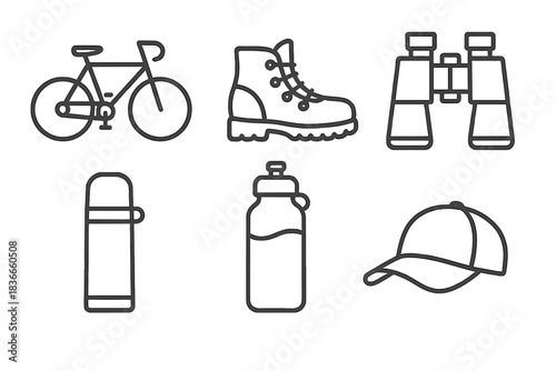 Outdoor Adventure Icons. Line style icons of Light Adventures: bicycle, hiking boot, binoculars, thermos, water bottle, cap. No