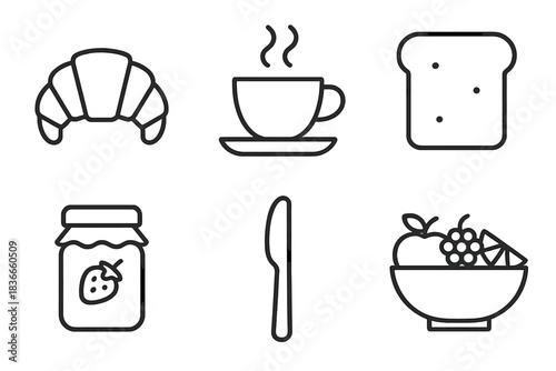 Morning Breakfast Icons. Line style icons of Morning Flavors: croissant, coffee cup, toast slice, jam jar, butter knife, fruit