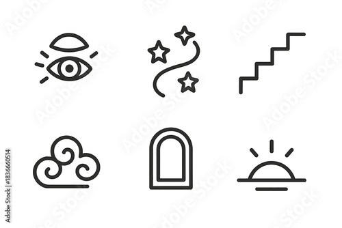 Night Signals Icons. Line style icons of Night Signals: blinking eye, star path, stairway, portal, dream mist, horizon curve. No