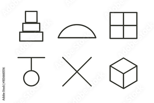 Spatial Balance Icons. Line style icons of Spatial Balance: stacked shapes, curved horizon, minimal grid, suspended sphere,