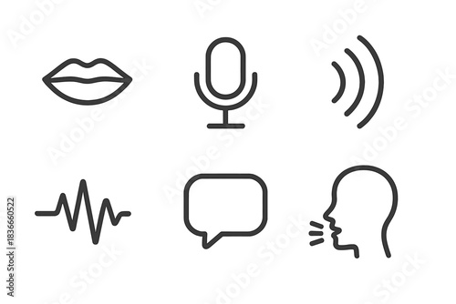 Voice Icon Collection. Line style icons of Human Voice: lips, microphone, echo curve, speech bubble, tone wave, whisper line. No