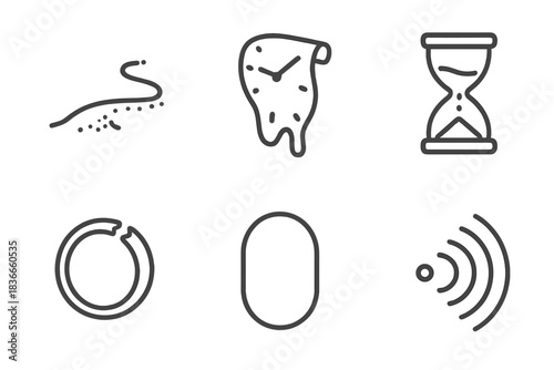 Fading Time Icons. Line style icons of Fading Moments: sand trail, melting clock, falling grain, broken ring, empty outline,