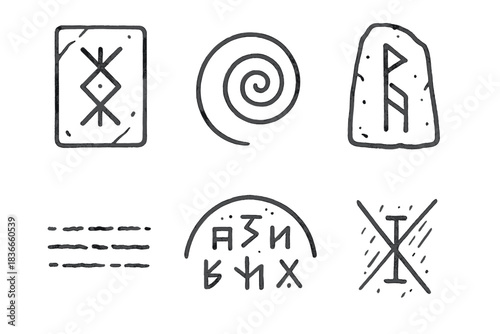 Forgotten Language Icons. Line style icons of Forgotten Languages: carved symbol, echo spiral, rune stone, faded text line, glyph