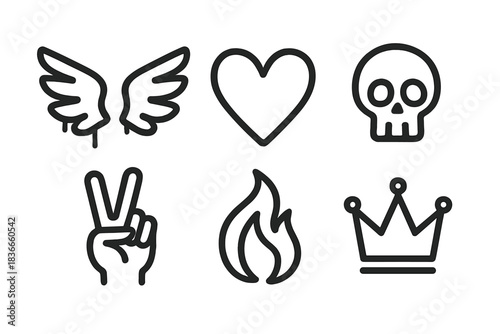 Subculture Icon Collection. Line style icons of Subculture Marks: wings graffiti, heart outline, skull symbol, peace hand, flame,