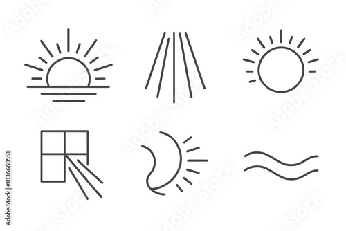 Soft Rays Icons. Line style icons of Soft Rays: sunrise arc, beam lines, halo glow, window light, curved shadow, gradient wave. No