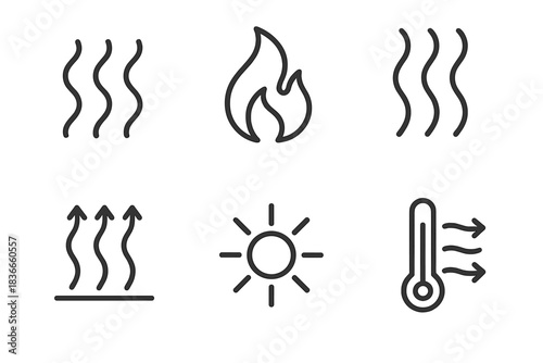 Thermal Motion Icons. Line style icons of Thermal Motion: heatwave, flame curl, rising vapor, radiating lines, sun spark,