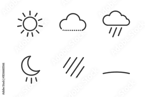 Emotional Shift Icons. Line style icons of Emotional Shifts: glowing sun, fading cloud, falling rain, rising moon, dissolving ray,