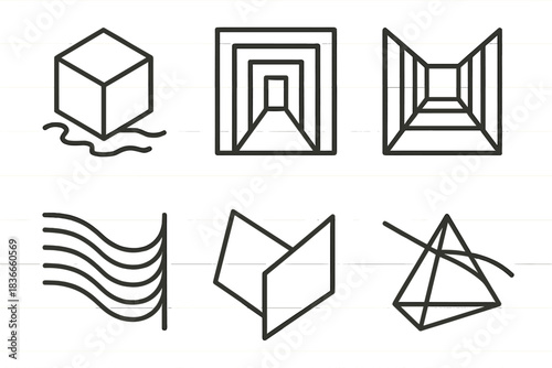 Geometric Line Illusions. Line style icons of Spatial Echoes: cube reflection, light tunnel, infinite corridor, shadow wave,